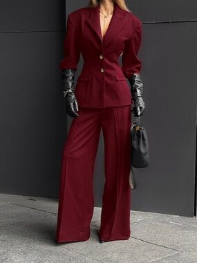Single-Breasted Blazer and Wide-Leg Pants Set